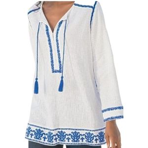 Soft Surroundings White Blue Embroidered Tassle Tie Tunic Cotton Gauze - Size M